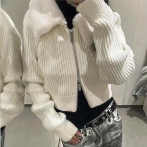 ZARA FAUX FUR COLLAR KNIT CARDIGAN L ECRU WHITE NWT